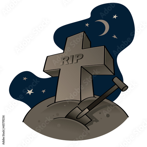 Grave - graveyard or cemetery, stone cross and shovel