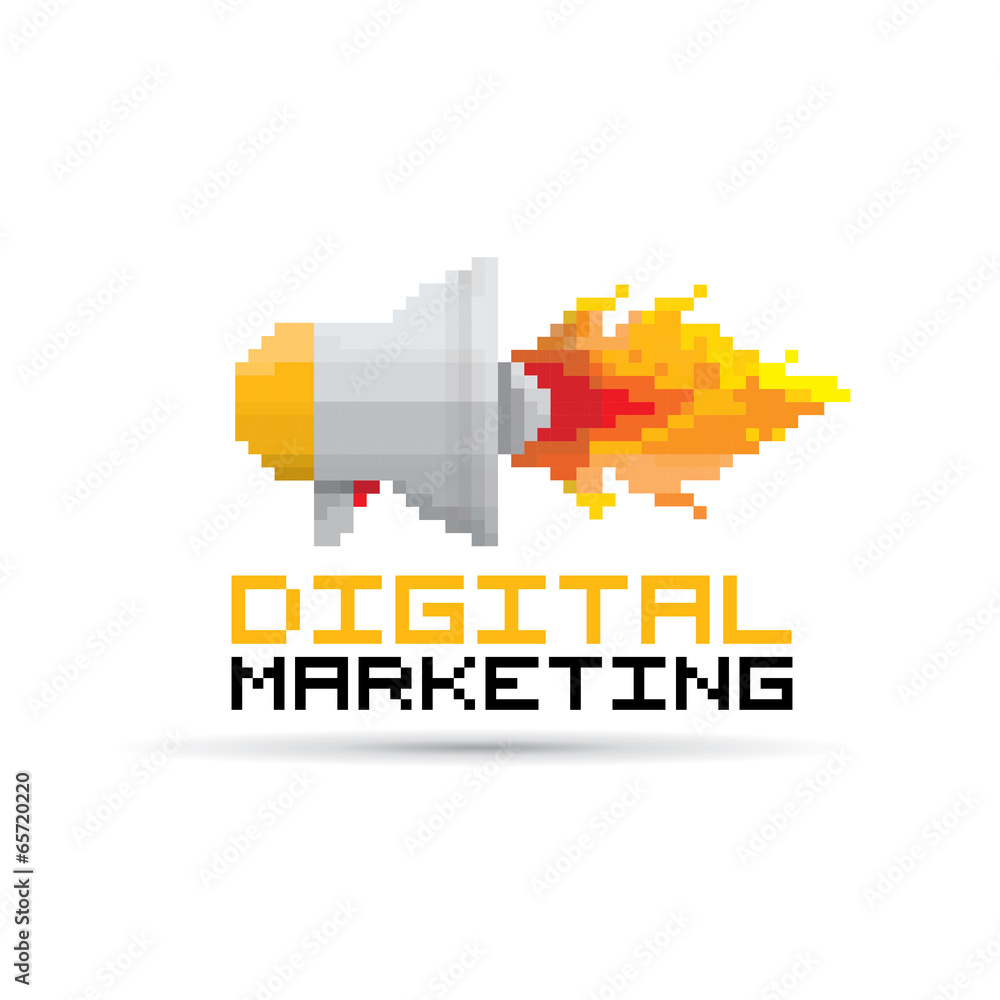 vector flat pixel art megaphone icon with fire