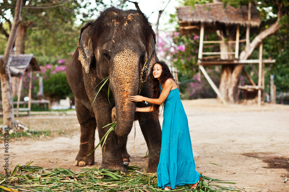 Young pretty woman with elephant in Thailand