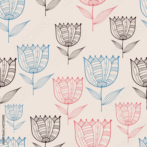 Fototapeta Naklejka Na Ścianę i Meble -  Vector Seamless Doodle Floral Pattern with Tulips