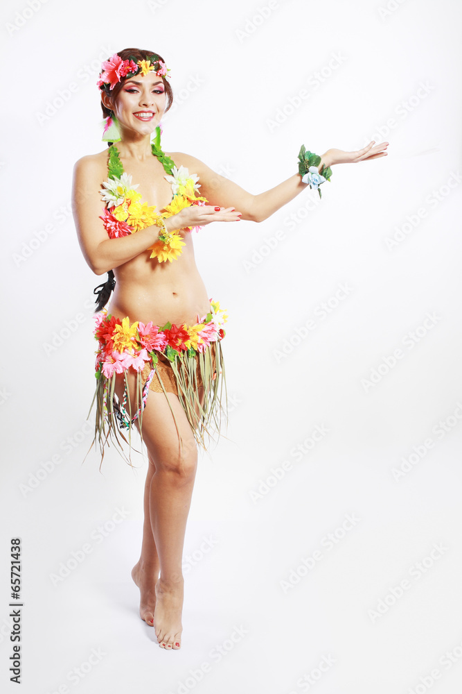 girl with Hawaiian accessories inviting girl with Hawaiian accessories inviting