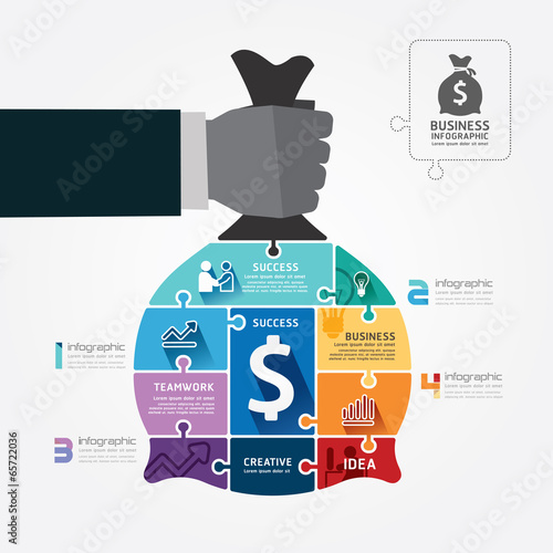 infographic Template with businessman hand hold money bag jigsaw