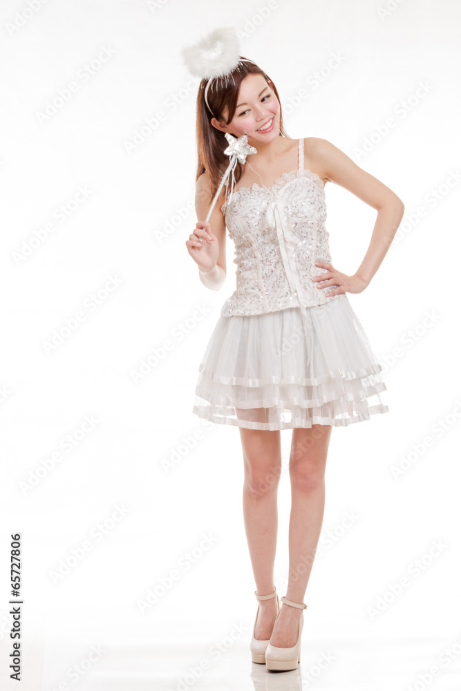 Smiling Asian Woman in White FairyCostume, isolated Smiling Asian Woman in White FairyCostume, isolated