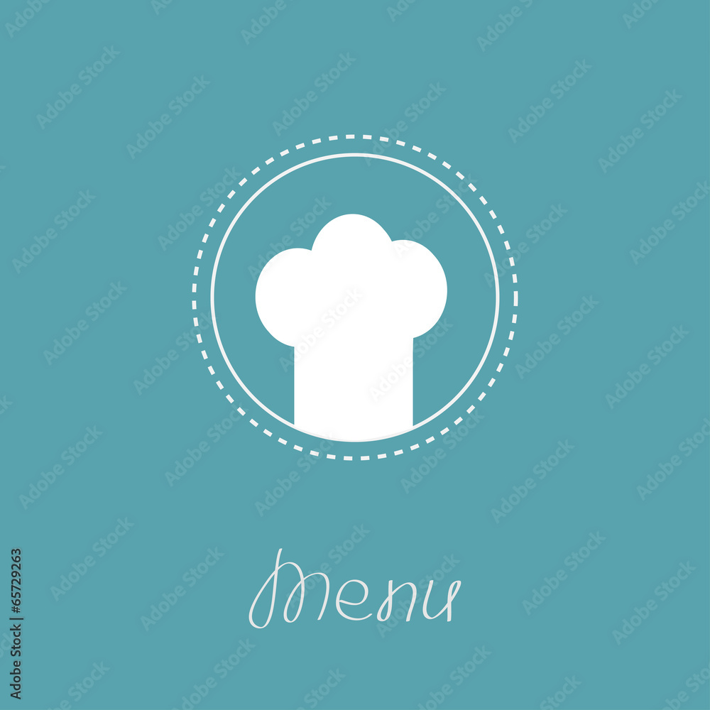 Chef hat inside round dash line frame. Menu card. Flat design. Chef hat inside round dash line frame. Menu card. Flat design.