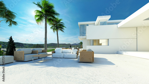 Outdoor living area in a modern tropical villa