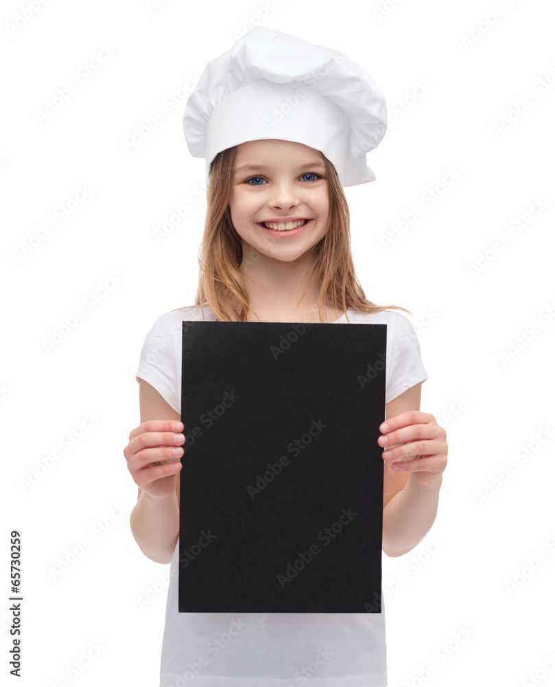little cook or baker with blank black paper little cook or baker with blank black paper