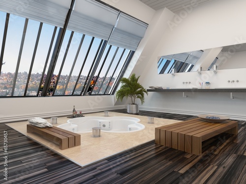 Fotografi Modern bathroom interior with a sunken spa bath