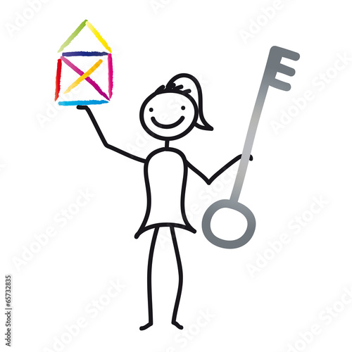 Haus Kaufen - Wohnung mieten. Junge Frau mit Schlüssel in der Hand freut sich auf die erste eigene Wohnung. Vektor isoliert