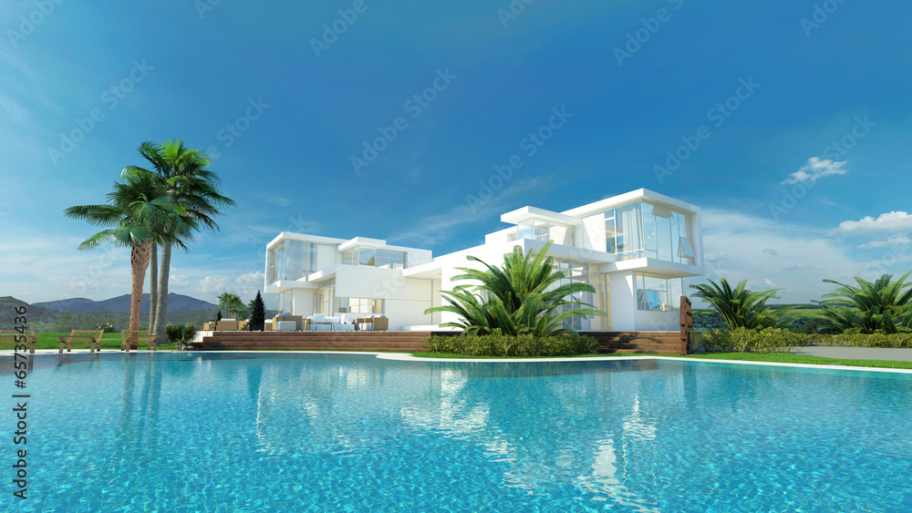 Beautiful idyllic white tropical villa and pool - obrazy, fototapety, plakaty 