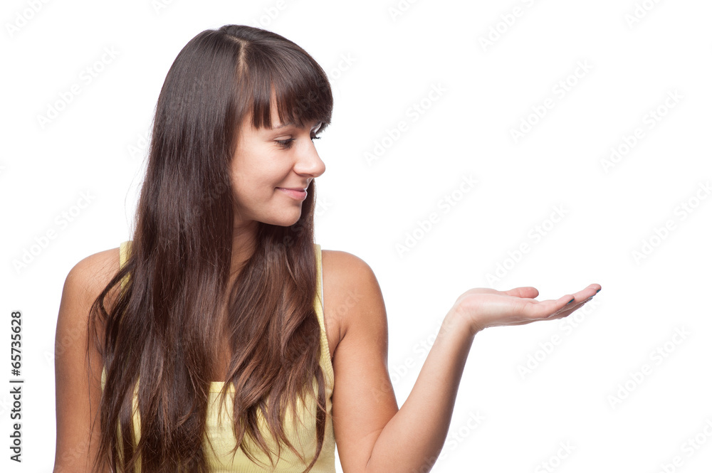 girl pointing at empty space girl pointing at empty space