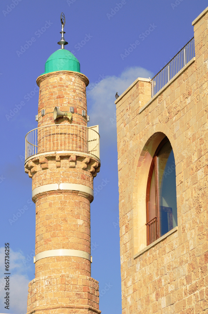 Minaret of the mosque in old Jaffa. Israel.