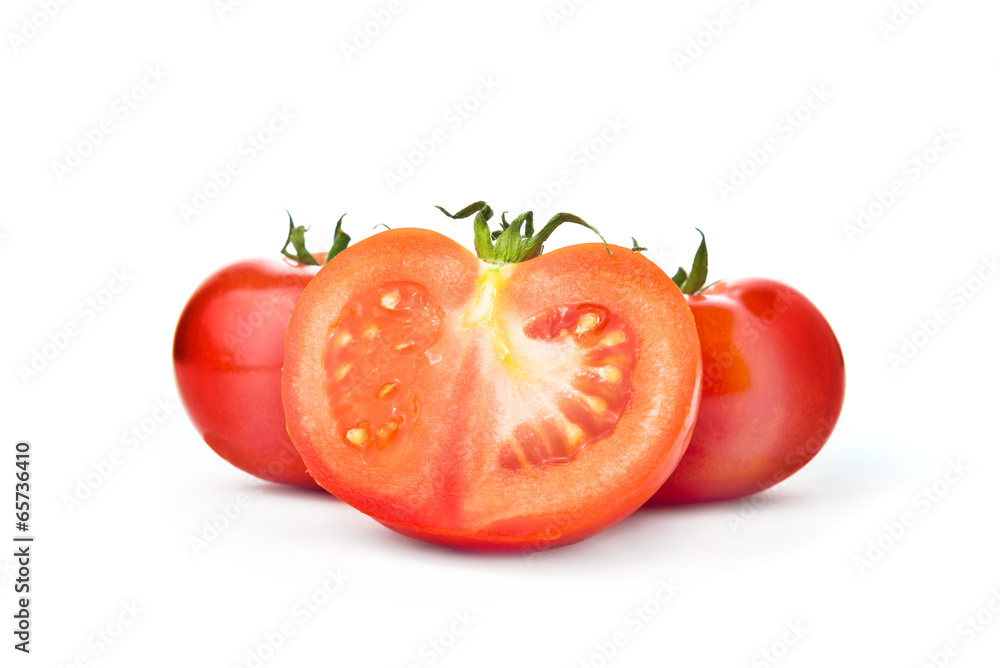 Fresh red Tomato and half slice on white background Fresh red Tomato and half slice on white background