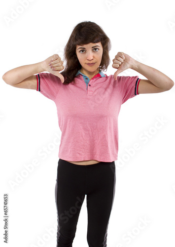 young female girl wearing pink downvoting gesture photo