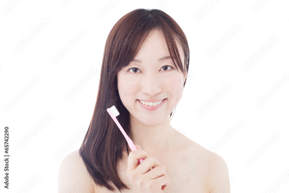 歯ブラシを持った女性 歯ブラシを持った女性