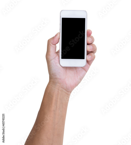 Man hand holding smartphone isolated on white background, clippi photo