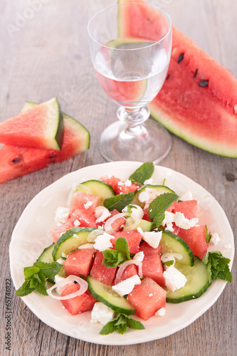salad with watermelon, feta cheese and cucumber
