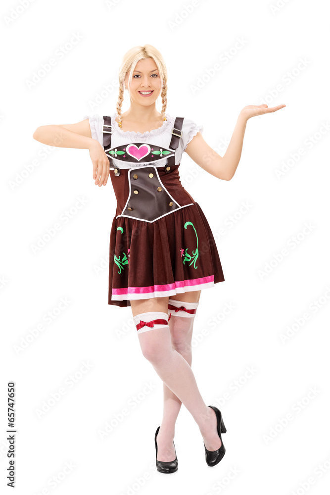 Bavarian woman holding an imaginary tray