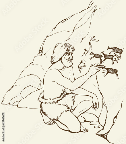 Vector picture. Primitive man draws on stone wall of cave