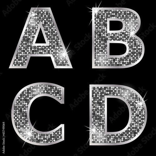 Silver metallic shiny letters A, B, C, D