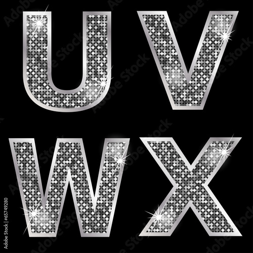 Silver metallic shiny letters U, V, W, X