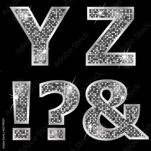 Silver metallic shiny letters Y, Z, !, ?, &