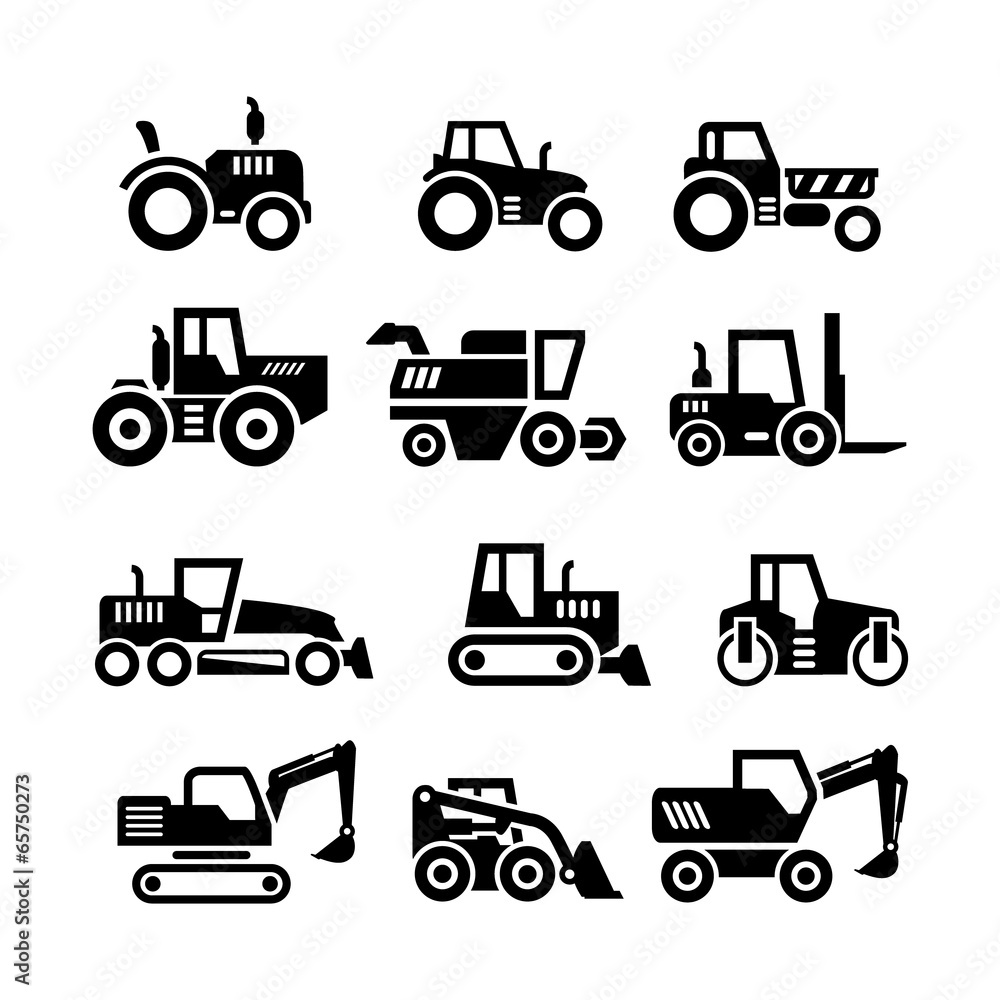 Set icons of tractors, farm and buildings machines