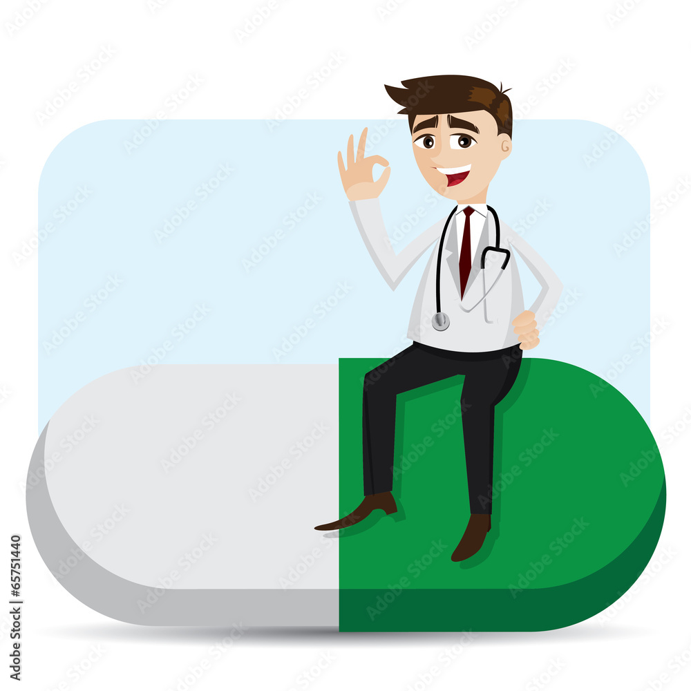 cartoon doctor sitting on big capsule cartoon doctor sitting on big capsule
