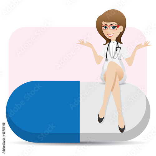 cartoon cute doctor sitting on big capsule