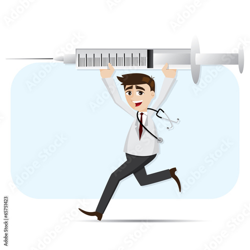 cartoon doctor carrying big syringe