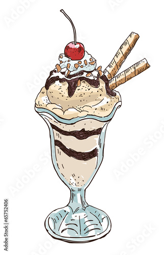 Vector hand drawn ice cream sundae with cherry and chocolate