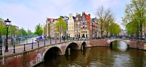 Panoramic image of the canals and bridges of Amsterdam