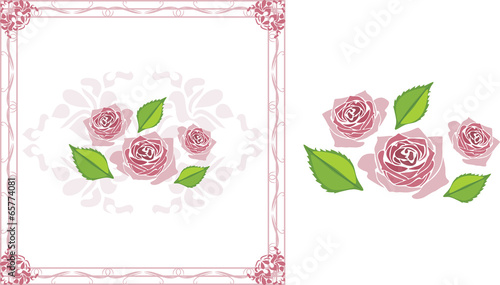 Ornamental frame with blooming stylized pink roses