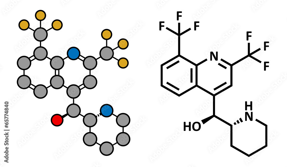 Mefloquine malaria drug, chemical structure. Mefloquine malaria drug, chemical structure.