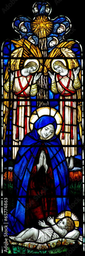 Mary with Jesus as a child and two angels in stained glass