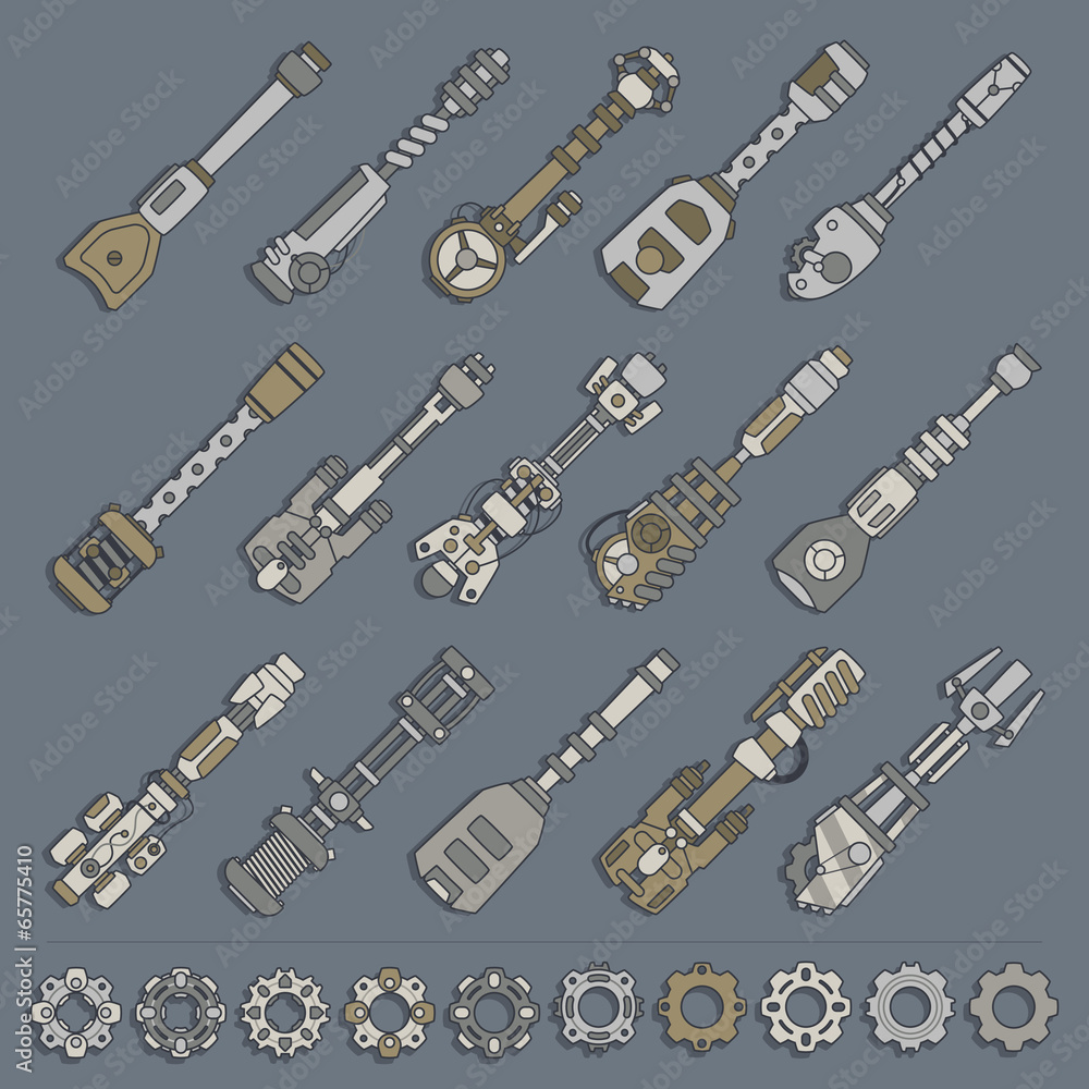 large set of weapons and gears