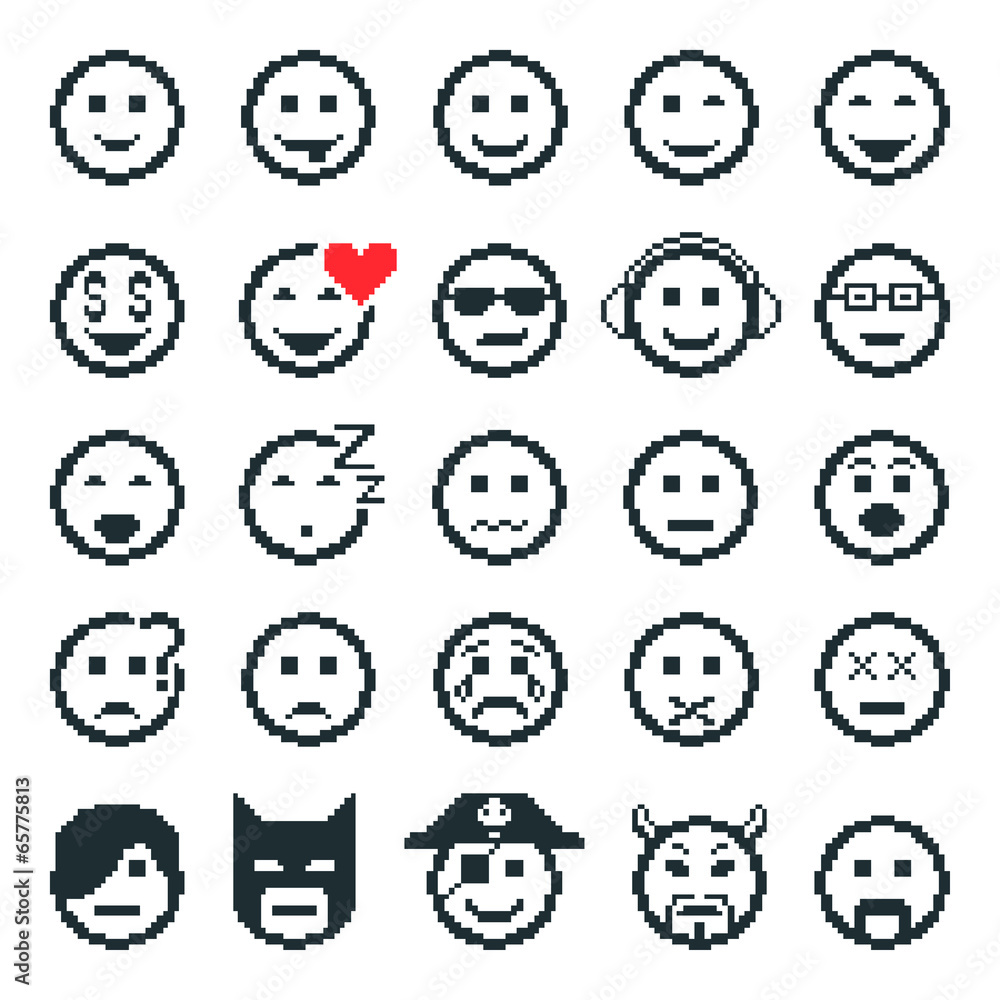 Vector icons of smiley faces. Pixel art. Vector icons of smiley faces. Pixel art.