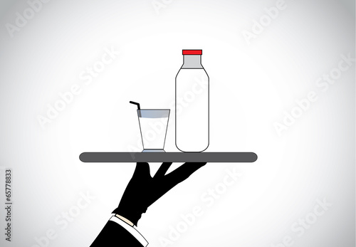Waiter hand present fresh healthy organic Milk glass and bottle
