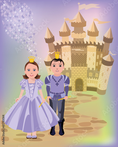Magic castle and princess with prince, vector