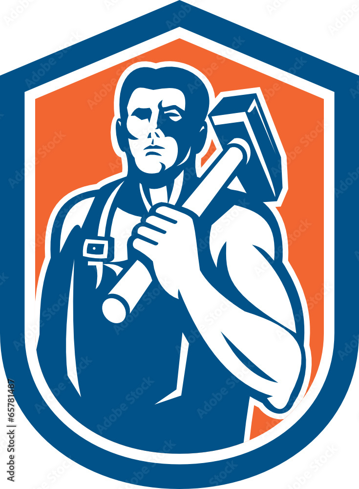 Blacksmith Worker Holding Sledgehammer Shield Retro Blacksmith Worker Holding Sledgehammer Shield Retro