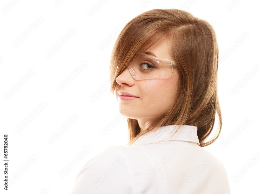 Laboratory. Chemist woman in goggles glasses isolated Laboratory. Chemist woman in goggles glasses isolated