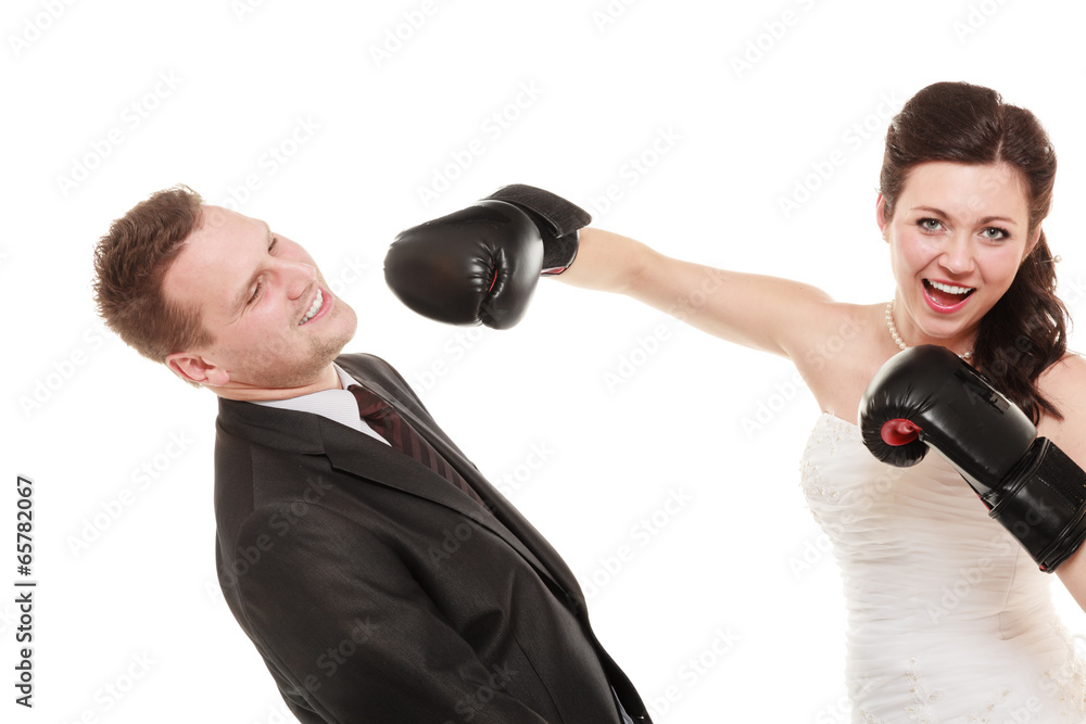 Wedding couple. Bride boxing groom. Conflict. Wedding couple. Bride boxing groom. Conflict.
