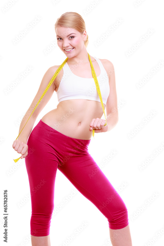 Diet. Fitness woman fit girl with measure tape isolated Diet. Fitness woman fit girl with measure tape isolated