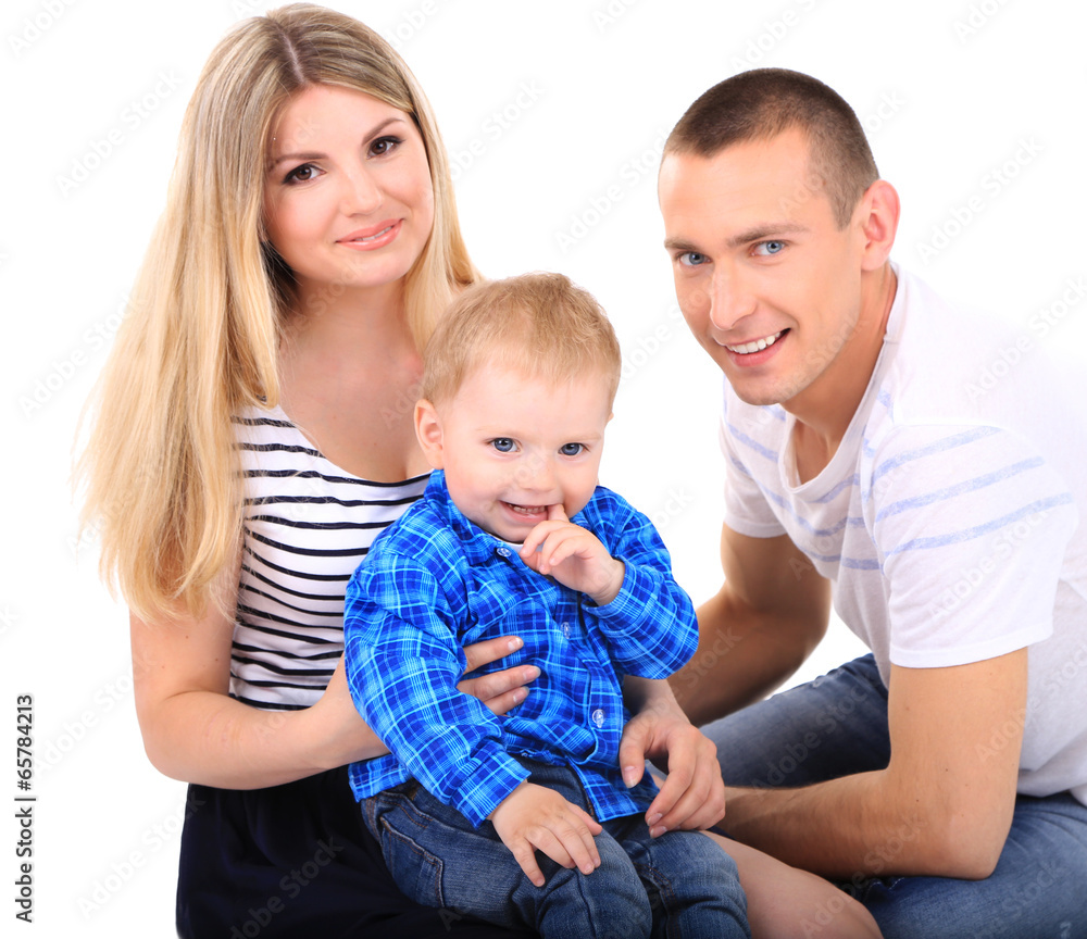 Happy young couple with small baby isolated on white Happy young couple with small baby isolated on white