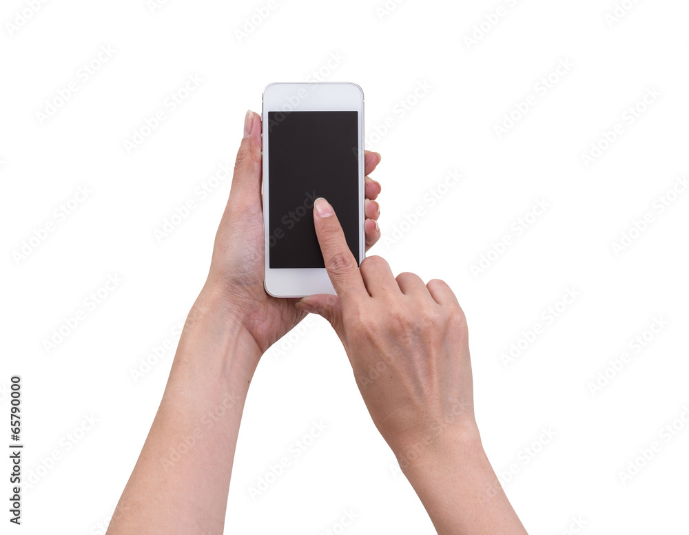 Women hands holding and touching smartphone isolated on white ba Women hands holding and touching smartphone isolated on white ba