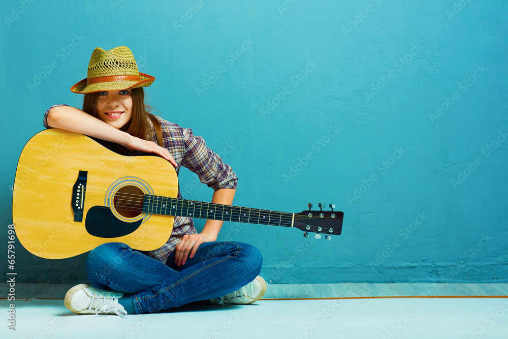 Teenager girl guitar play. - obrazy, fototapety, plakaty 