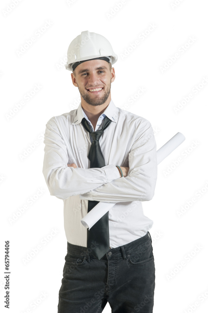 Young handsome contractor with drawing plans isolated on white Young handsome contractor with drawing plans isolated on white