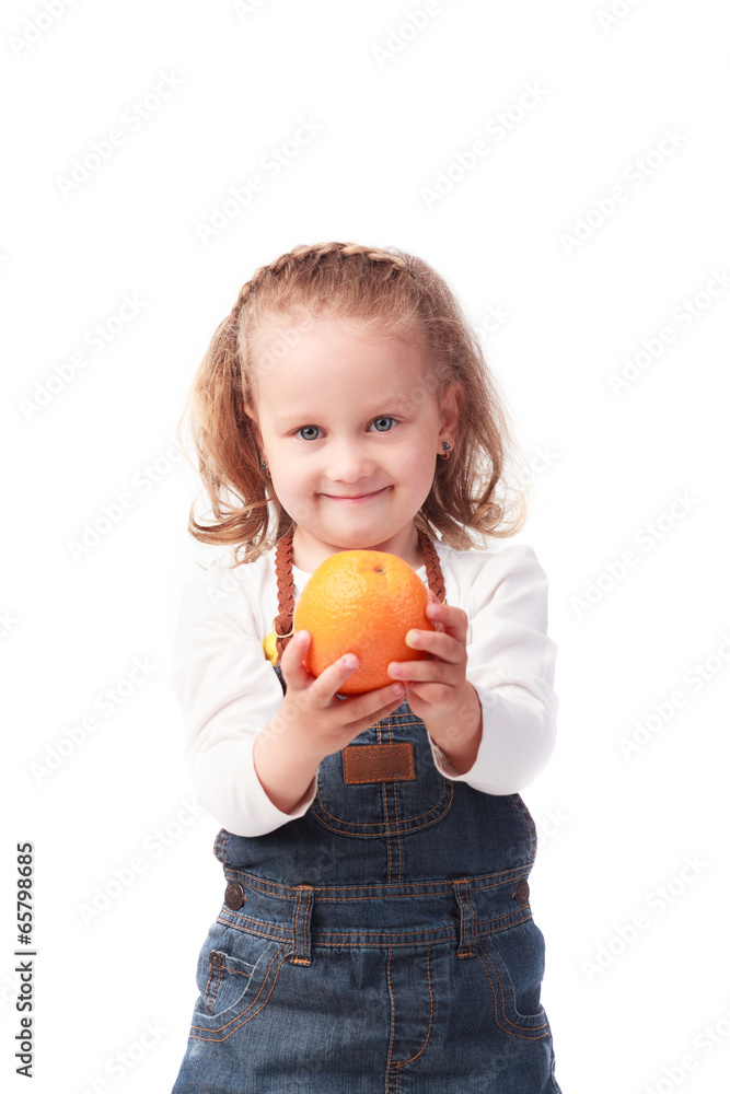 Pretty little girl holding an orange isolated on white Pretty little girl holding an orange isolated on white