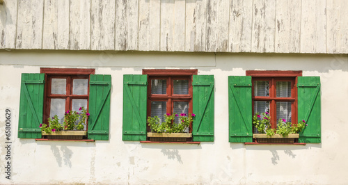 Windows with green shutters and flowers in wooden rural house #65800629