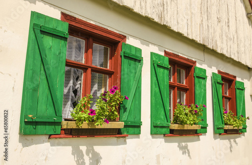 Windows, green shutters, flowers in wooden rural house, Europe #65800822