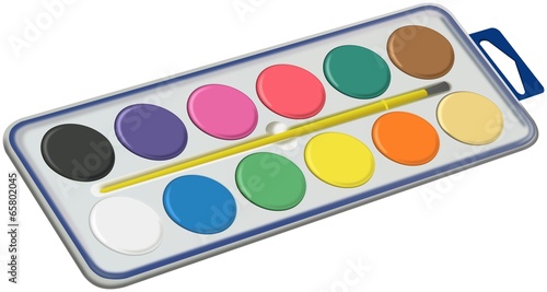 Set of water colors with brush in plastic box